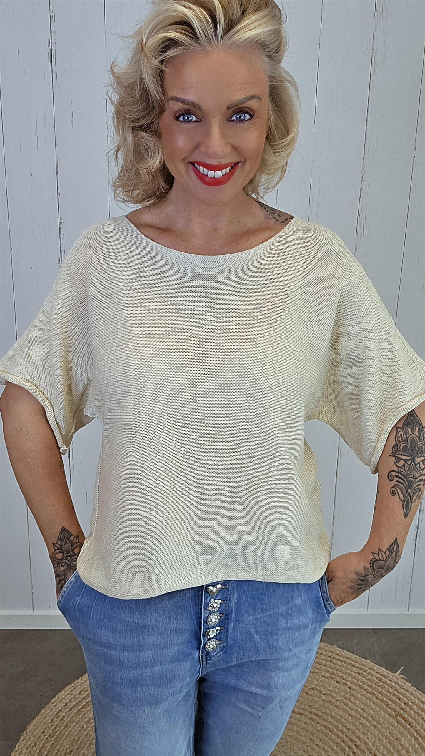 Julie Strikket Bomullstopp beige