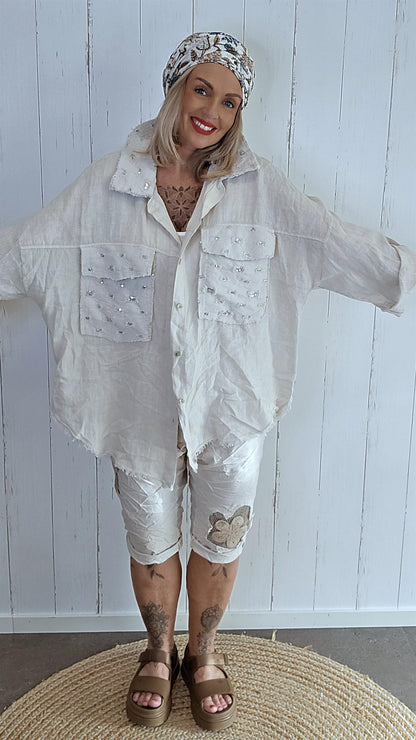 Lisa linskjorte med paljettdetaljer beige
