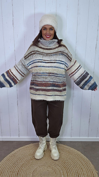 Ingrid stripete høyhalset genser brun/beige