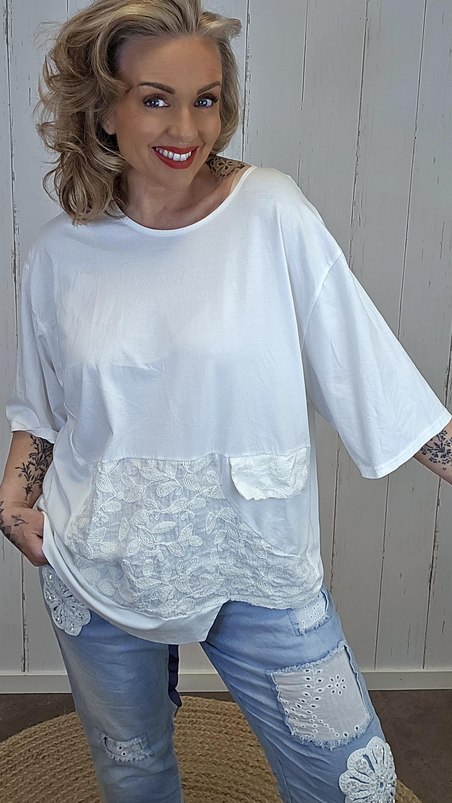 Lene topp med blondepanel offwhite