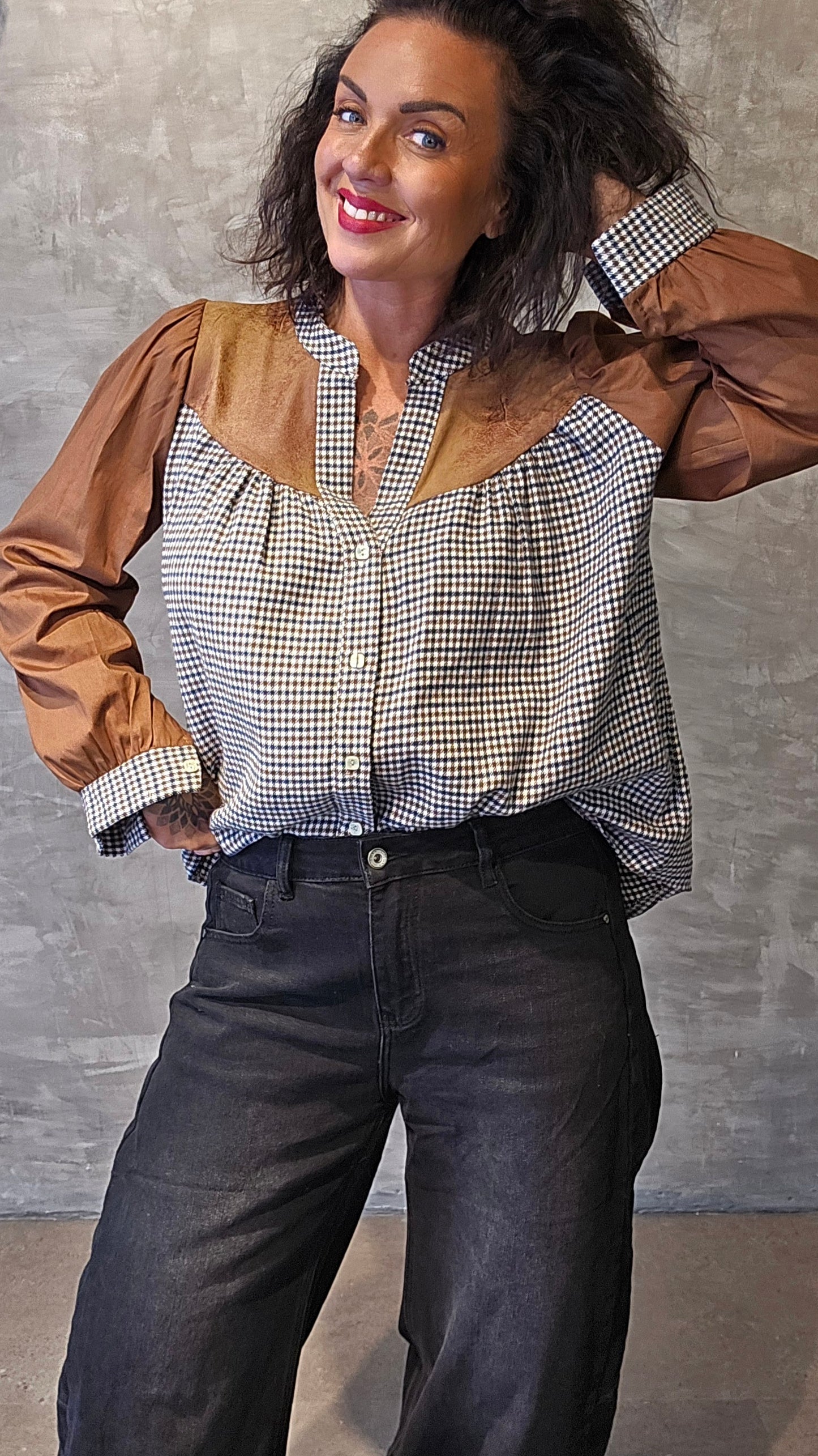 Nora skjorte bluse brun med ruter