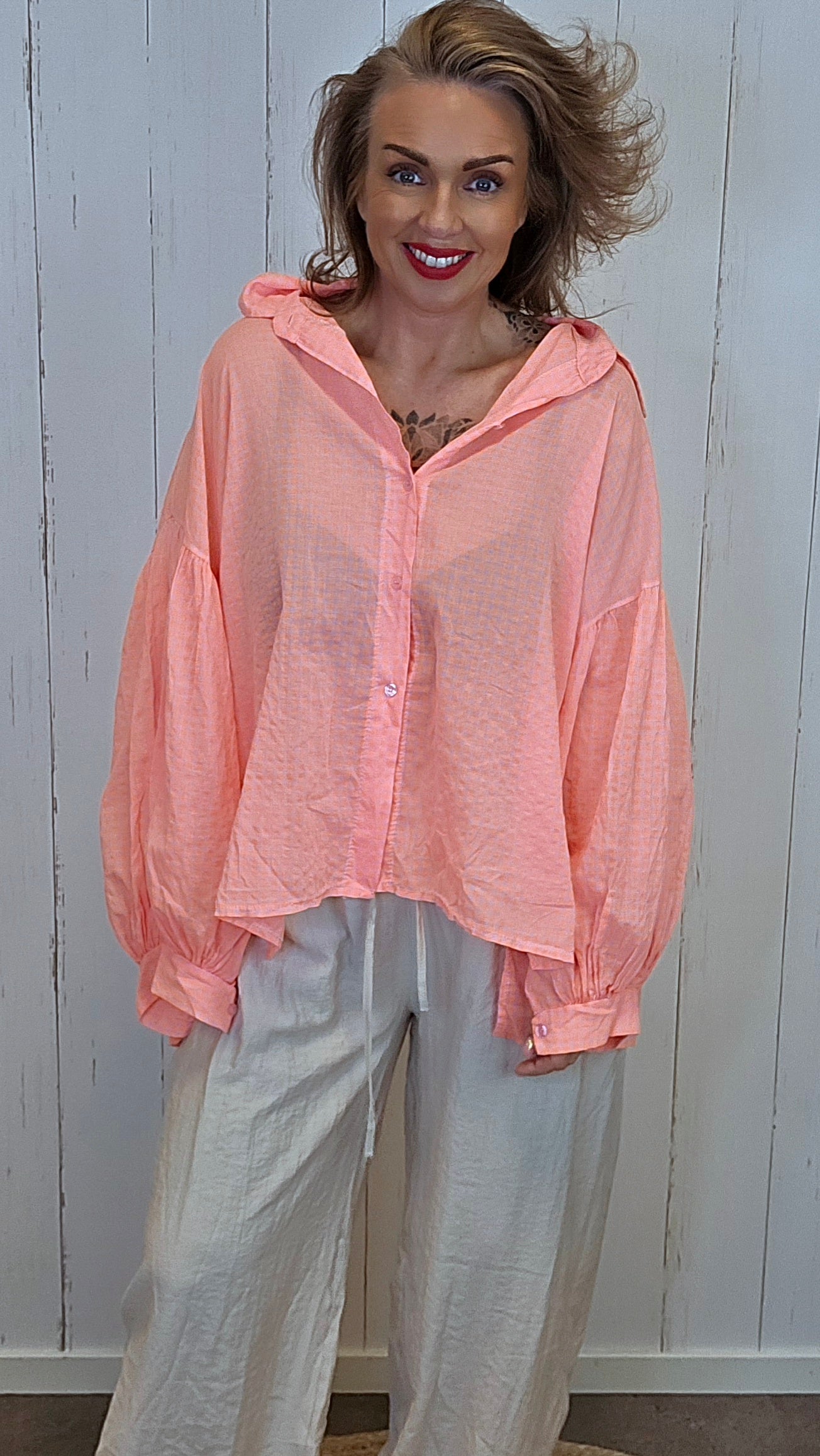 Sienna rutet bomullsskjorte neon orange