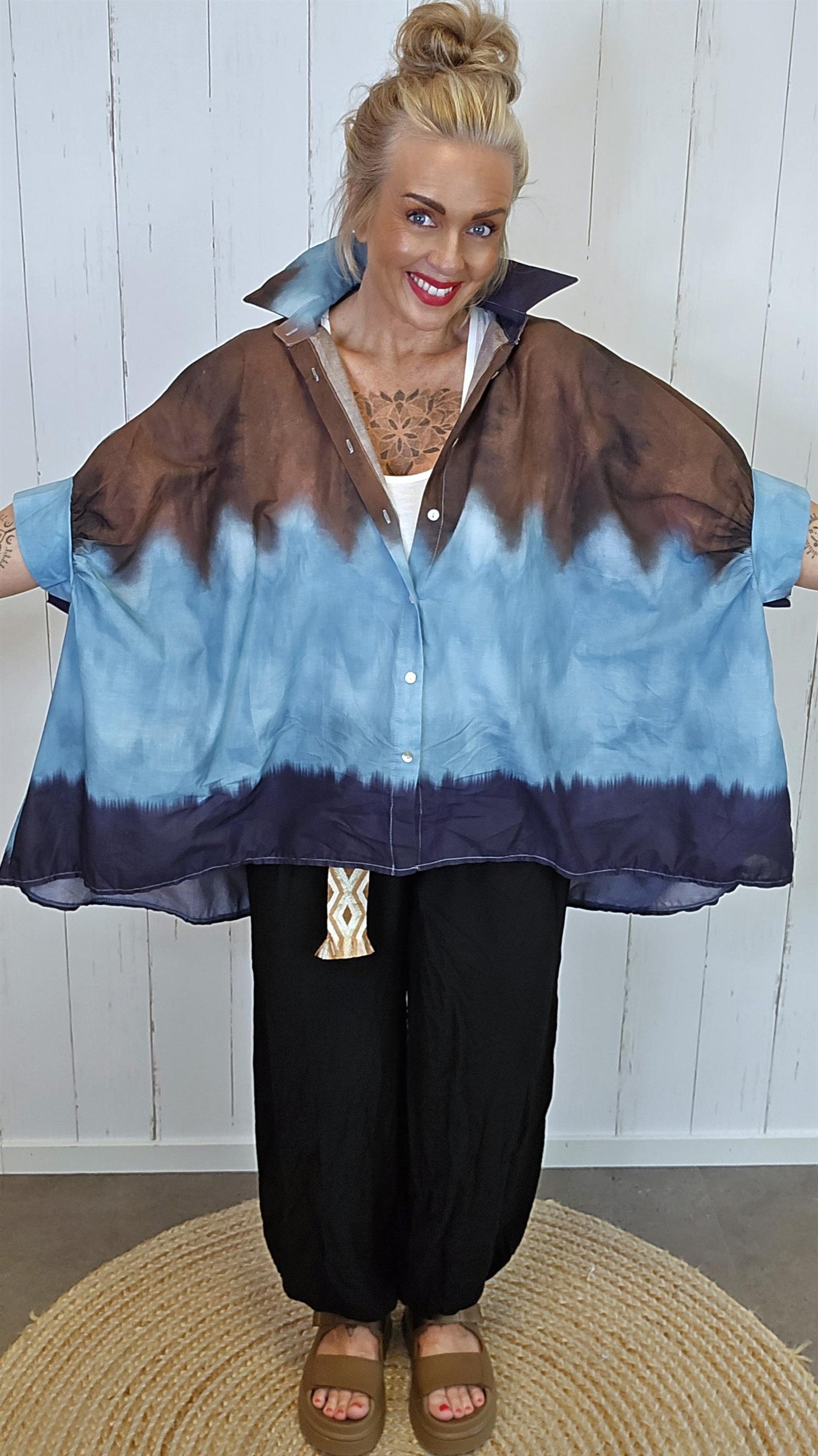 Batikk Poncho skjorte blå/brun