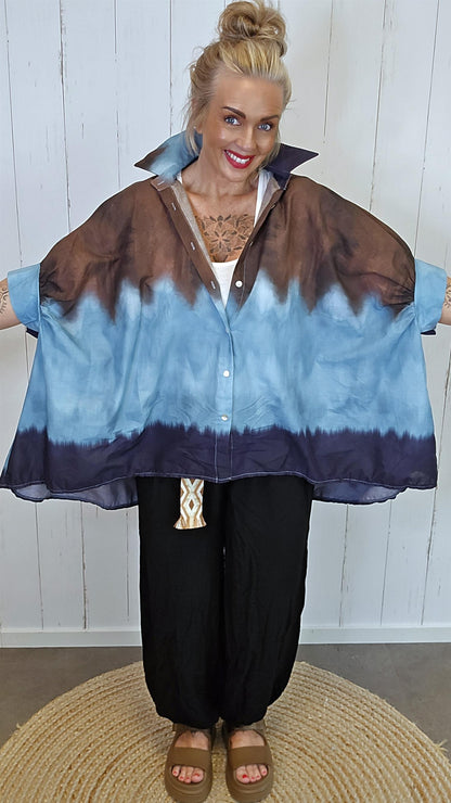 Batikk Poncho skjorte blå/brun
