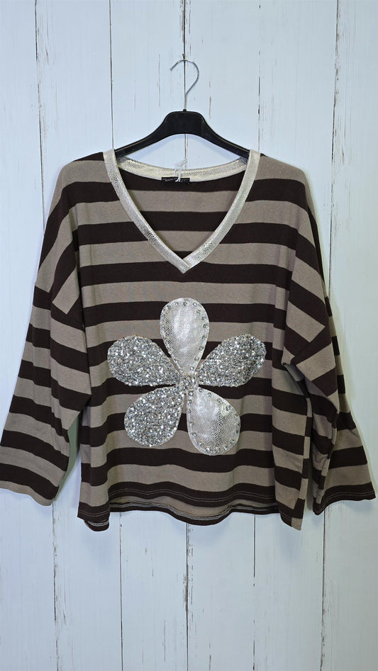 Stripet genser med blomsterdekor brun