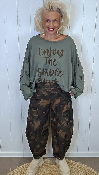 Livia oversized topp med blondeermer kaki