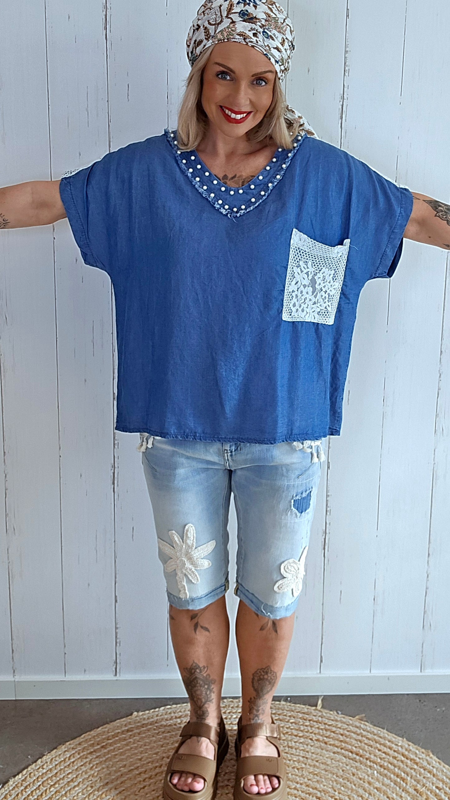 Danie denimlook Topp med Perledetaljer
