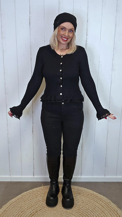 Sienna feminin genserjakke med blondekanter
