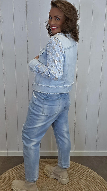Pia denimjakke med blonder lysblå