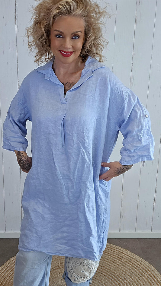 Christy lys blå linkjole med oppbrettbare ermer