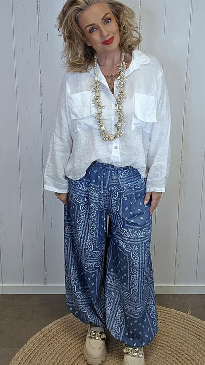 Mønstret bukse med strikk og knyting blå