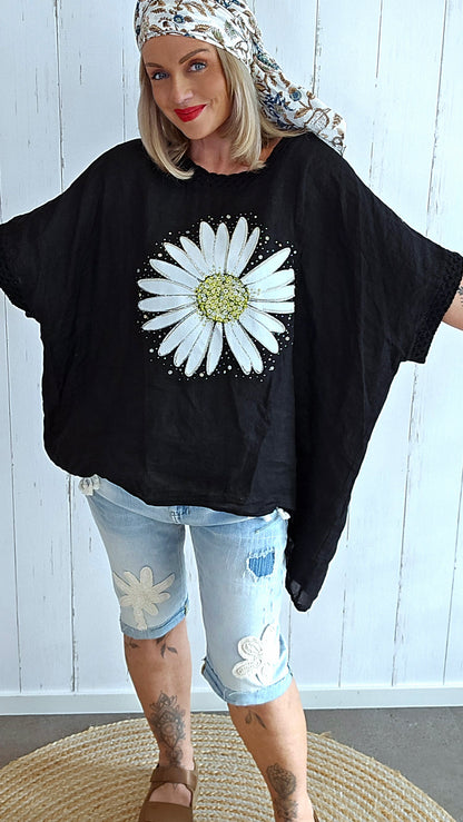 Lin Topp med Blomsterprint svart