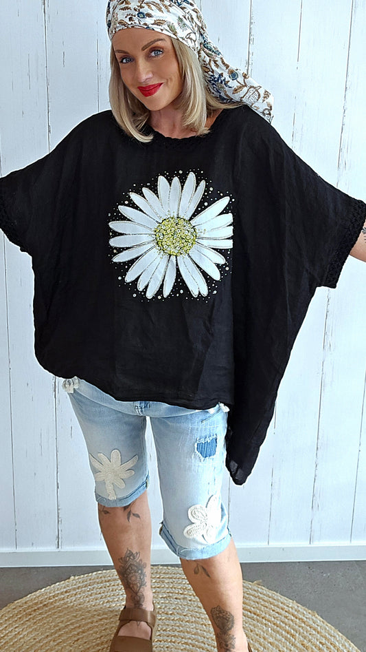 Lin Topp med Blomsterprint svart