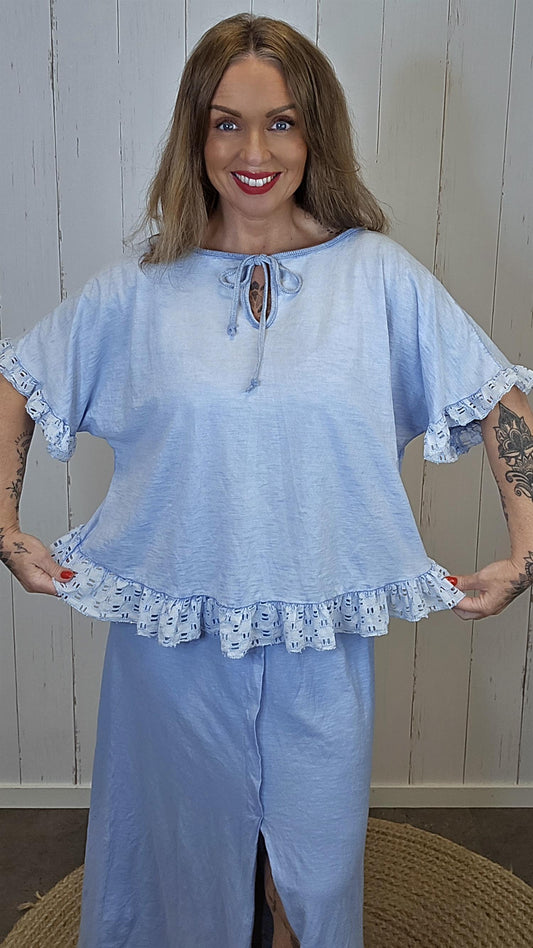 Beate topp med blonder blå