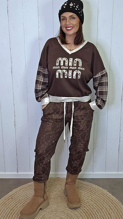 Amalie brune bukser med blonde og shimmer