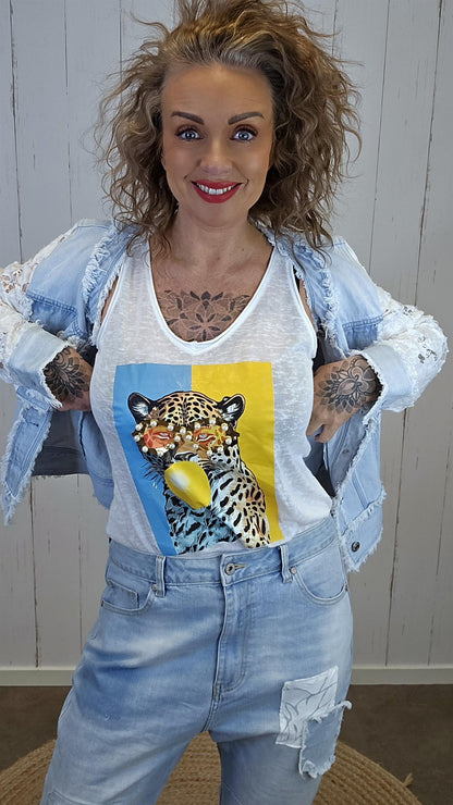 Leopard sommertopp hvit