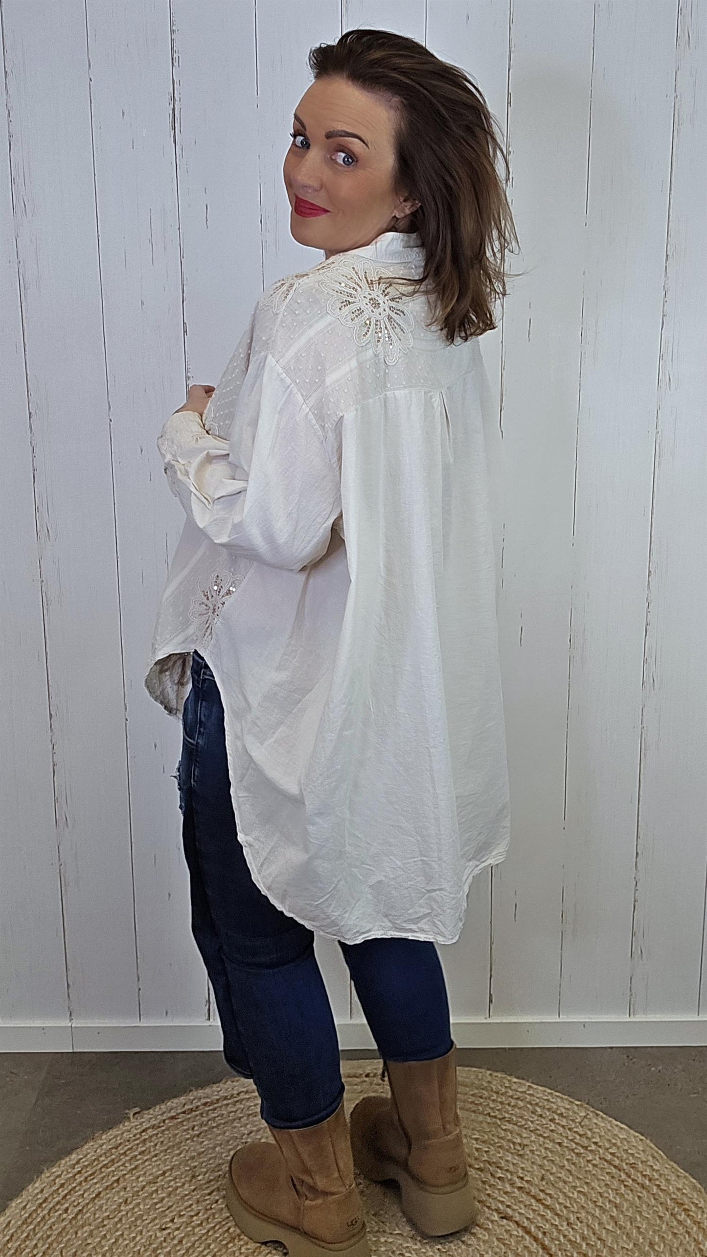 Elise Bomullsskjorte Med Paljettdetaljer Beige