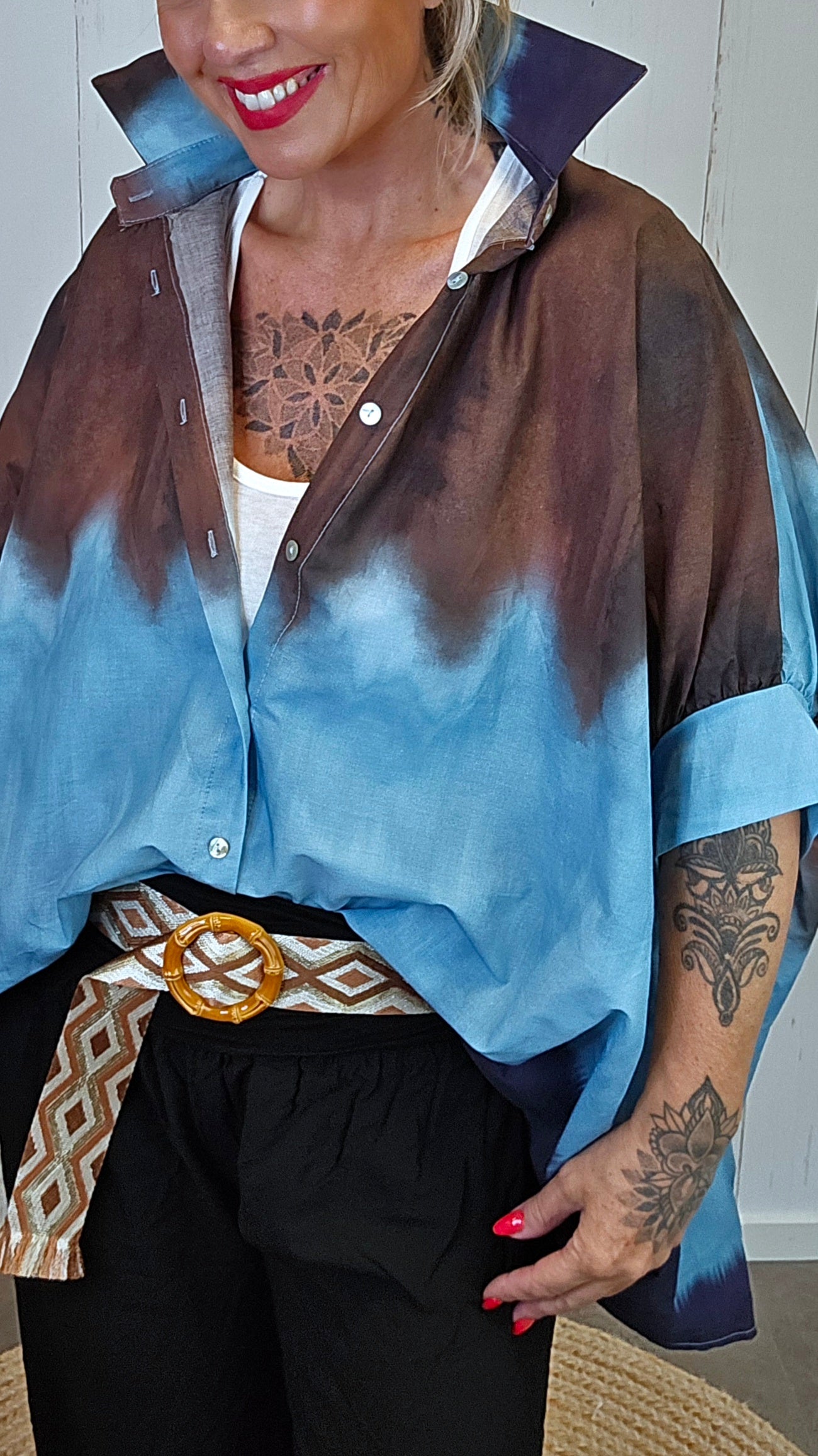 Batikk Poncho skjorte blå/brun