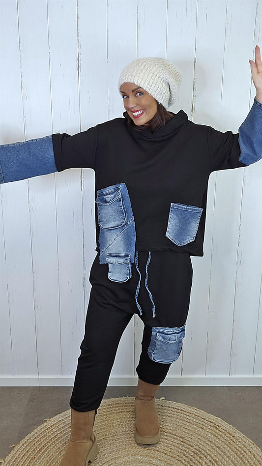 Nora Sett med denimdetaljer Svart