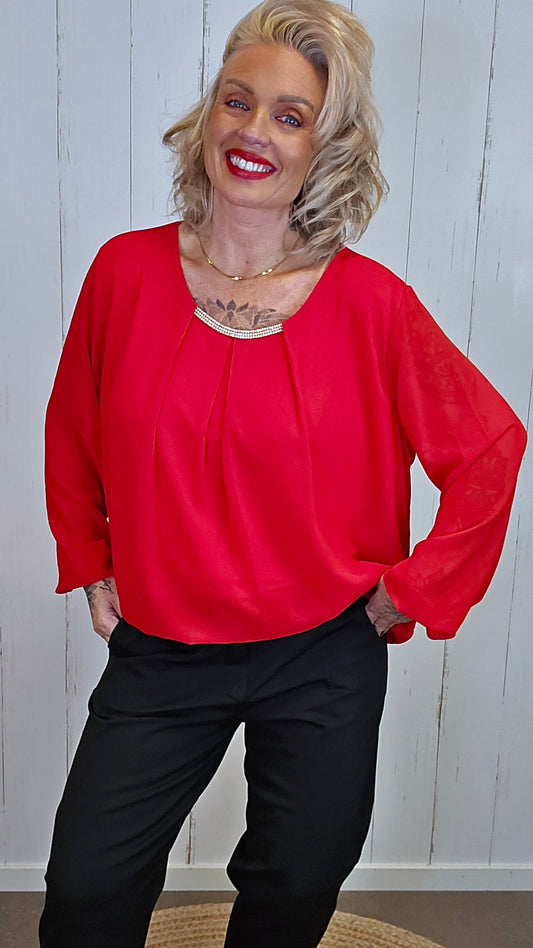 Quinn bluse med blingdetalj rød