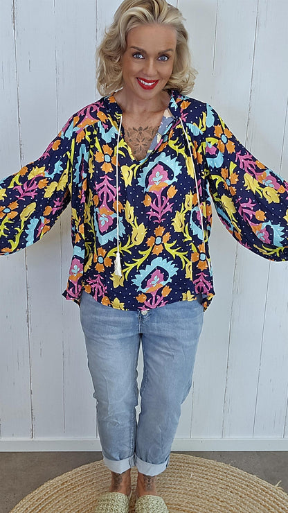 Rose bluse med print navy