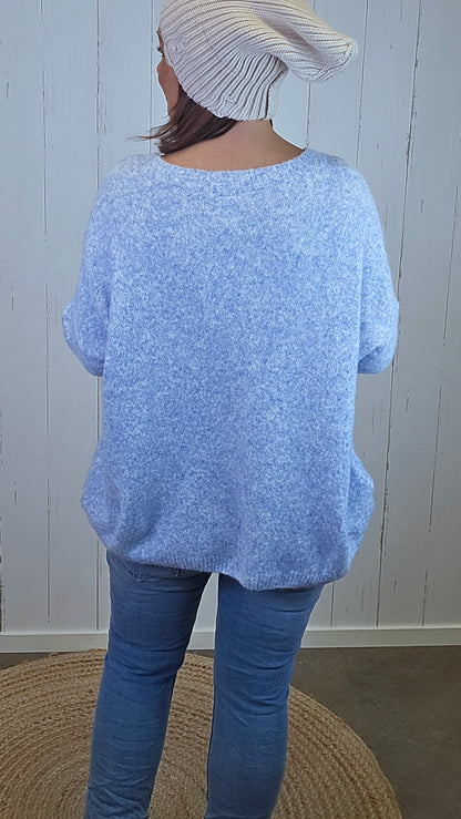 Ella Myk Strikket V-hals Genser Blå