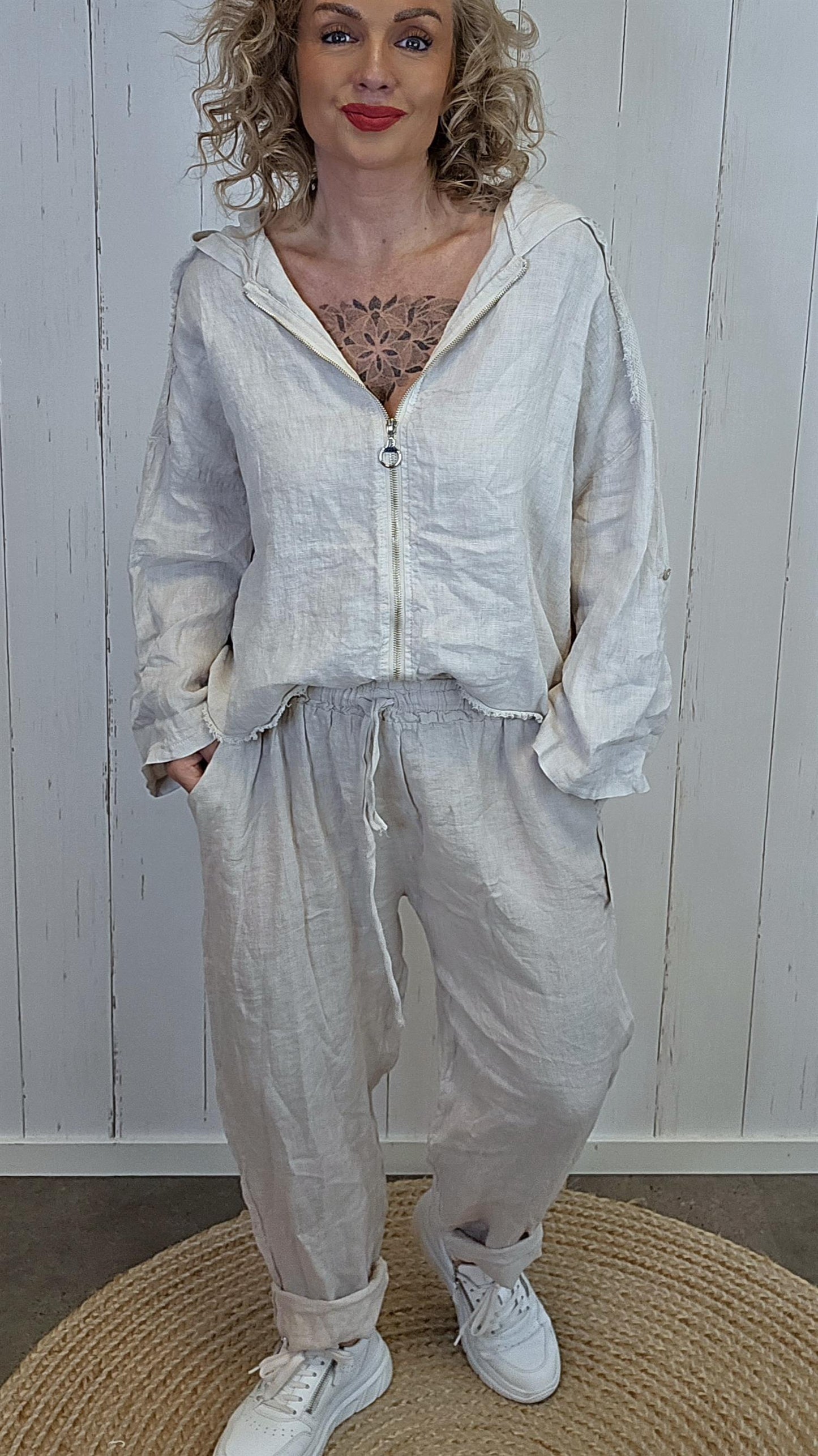 Beige linbukse med elastisk liv
