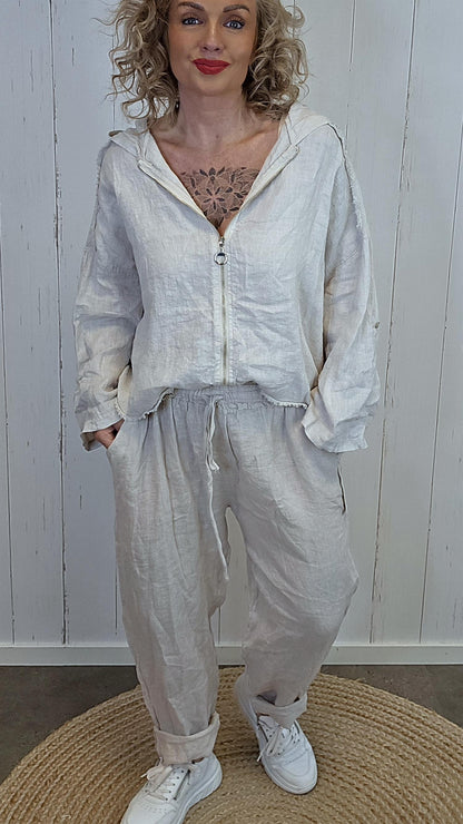 Beige linbukse med elastisk liv