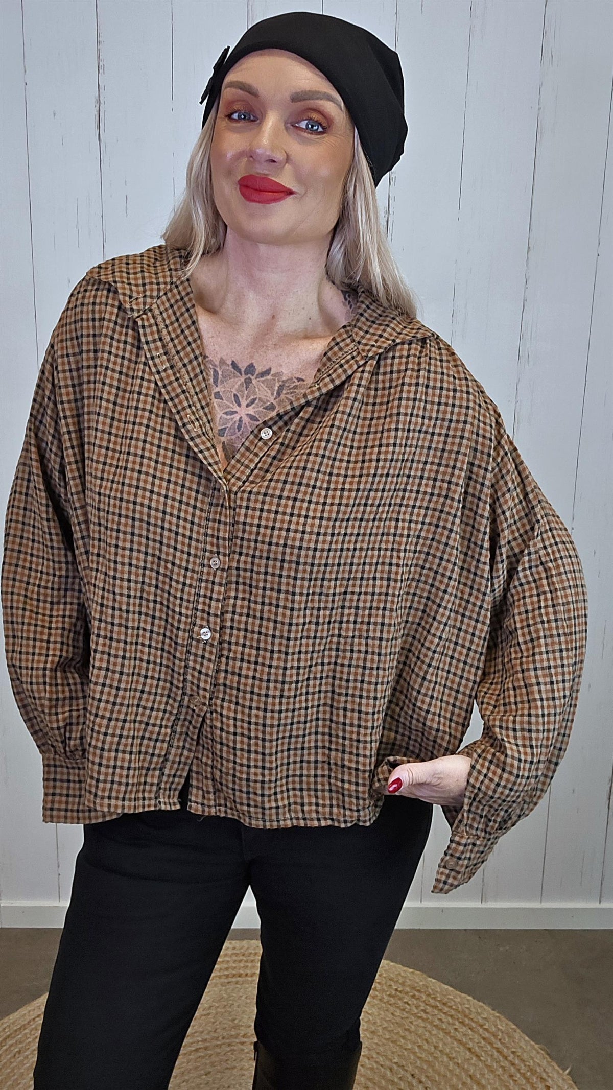 Olivia oversized smårutete skjorte