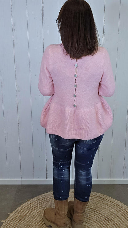 Siv rosa myk genser med knappdetaljer bak