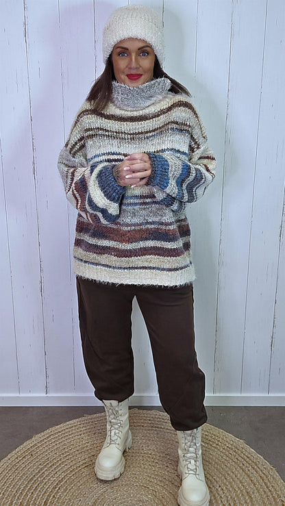 Ingrid stripete høyhalset genser brun/beige