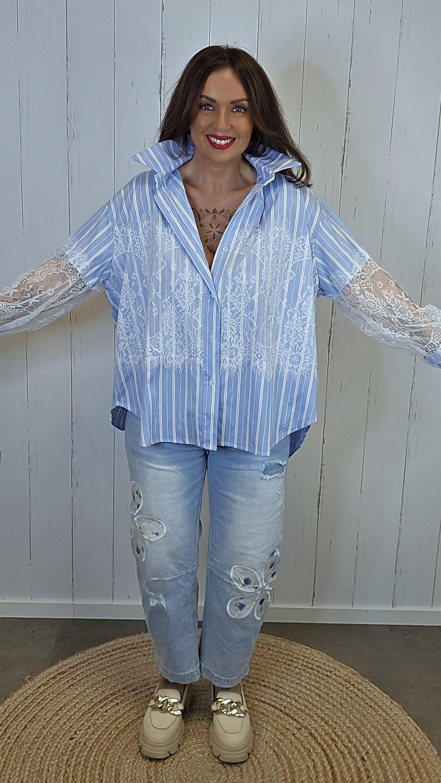 Celine Stripete Skjorte Med Blonder blå