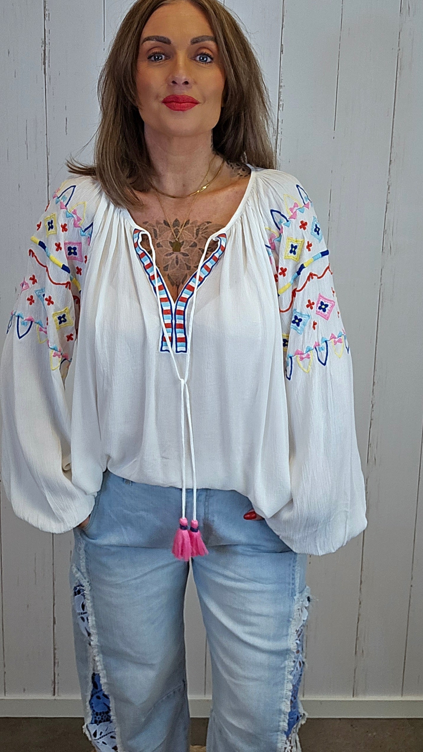 Hanna brodert bluse offwhite