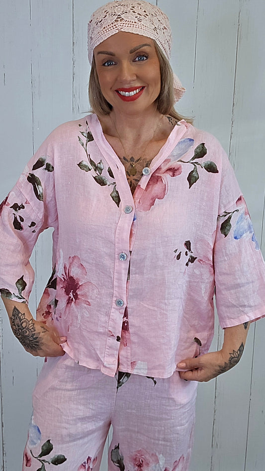 Line linskjorte med blomsterprint rosa