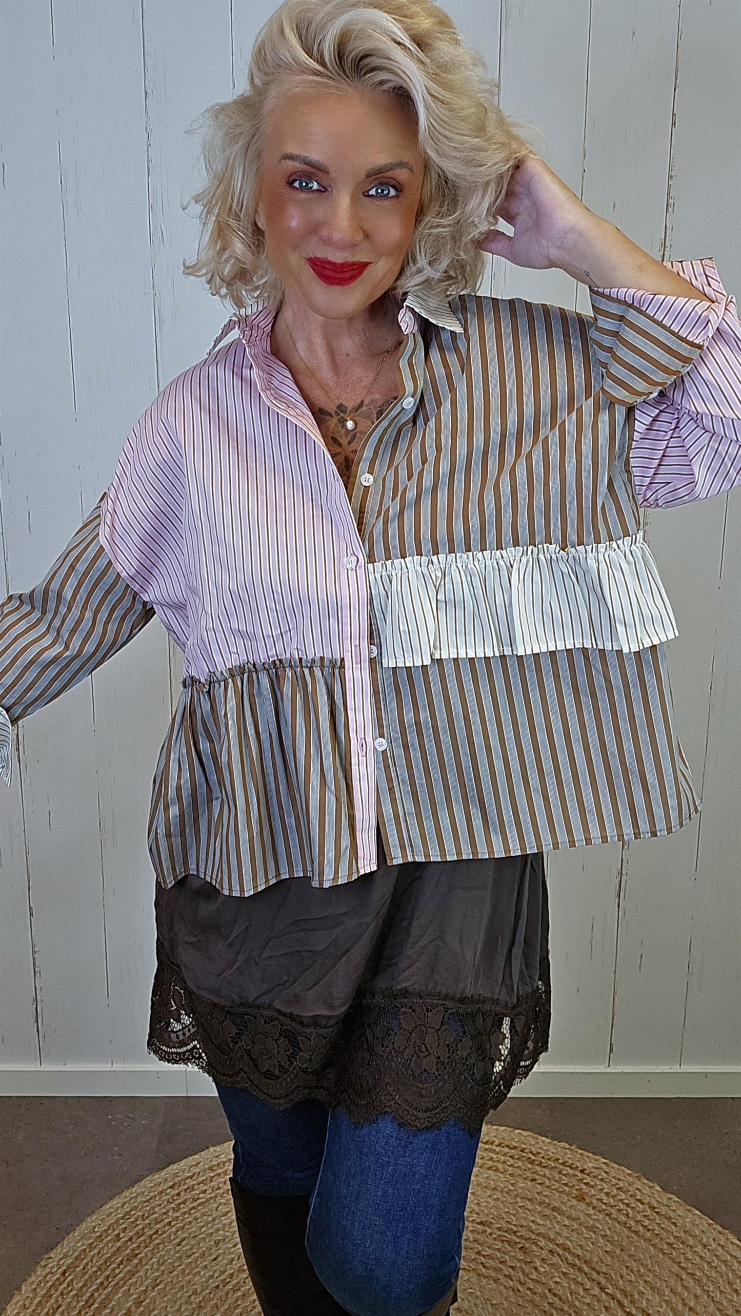 Hermine patchwork skjorte med striper rosa