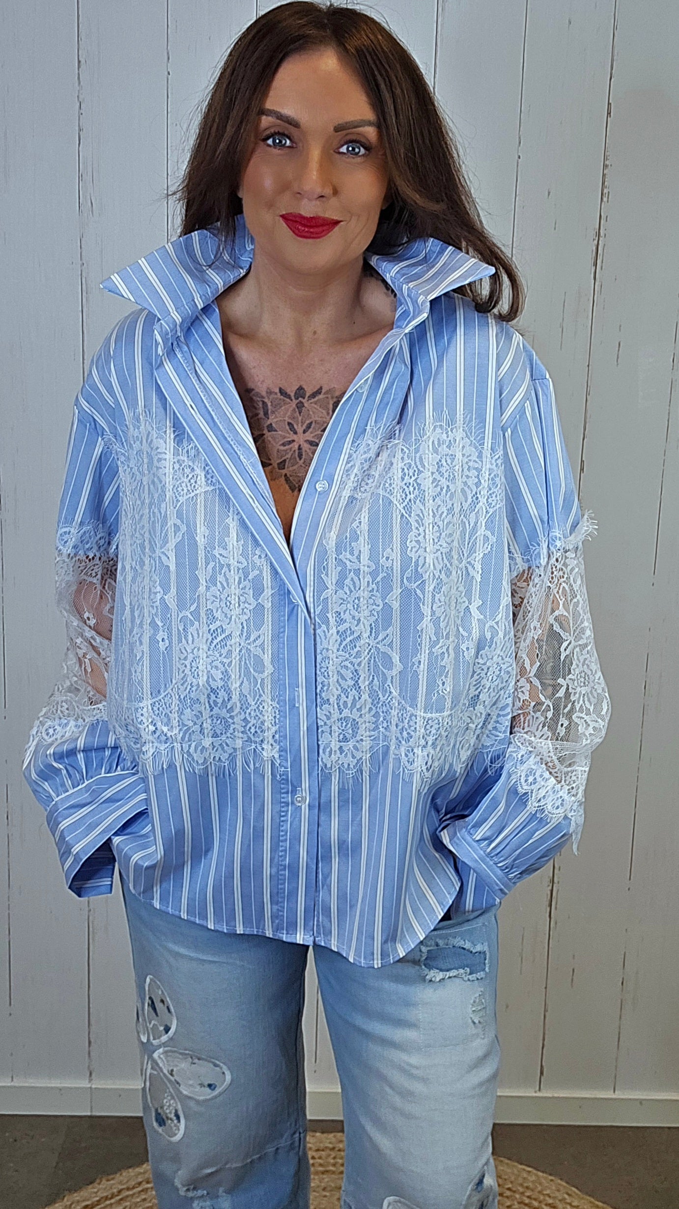 Celine Stripete Skjorte Med Blonder blå