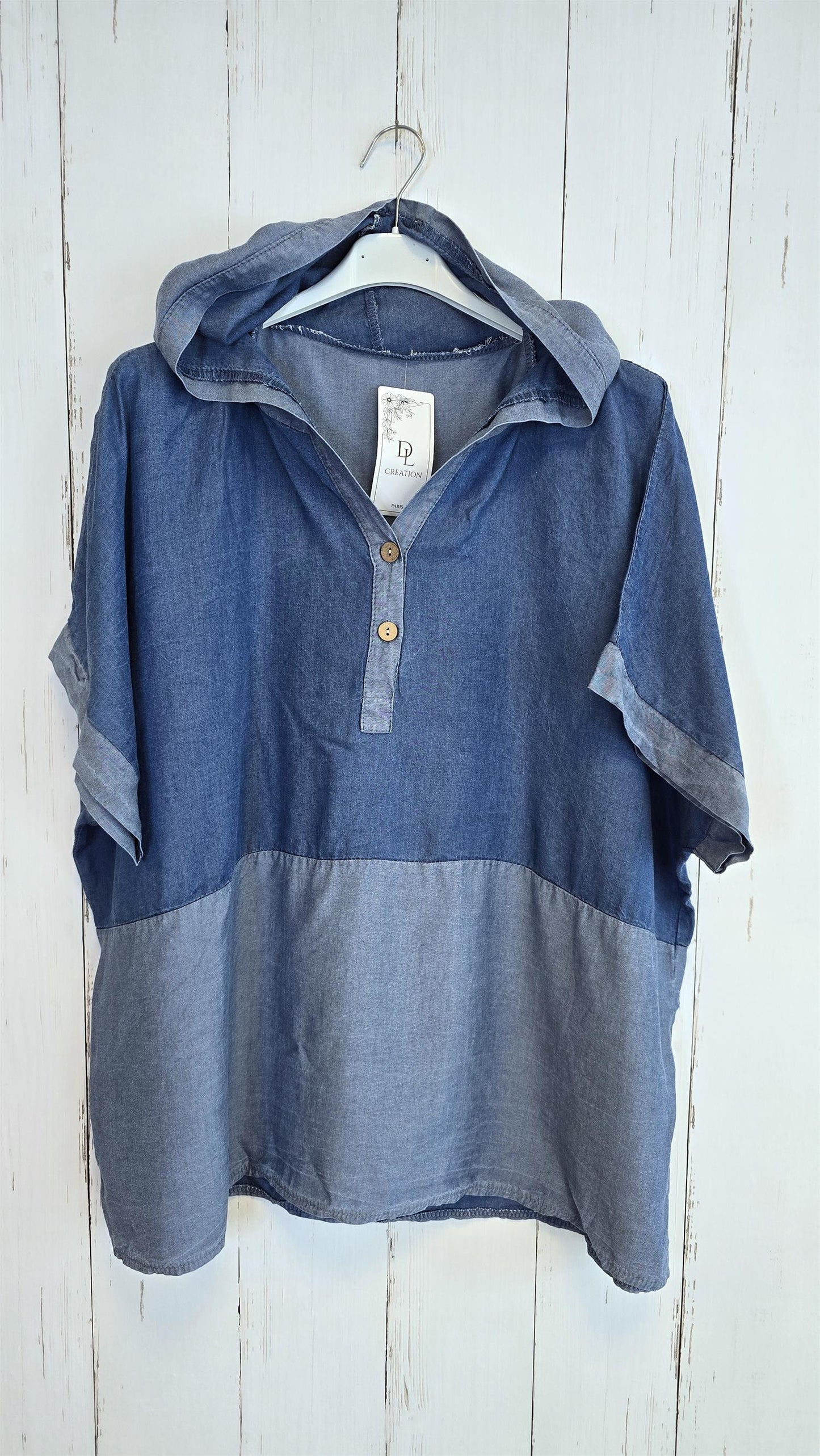Denimlook Topp med Hette blå denim