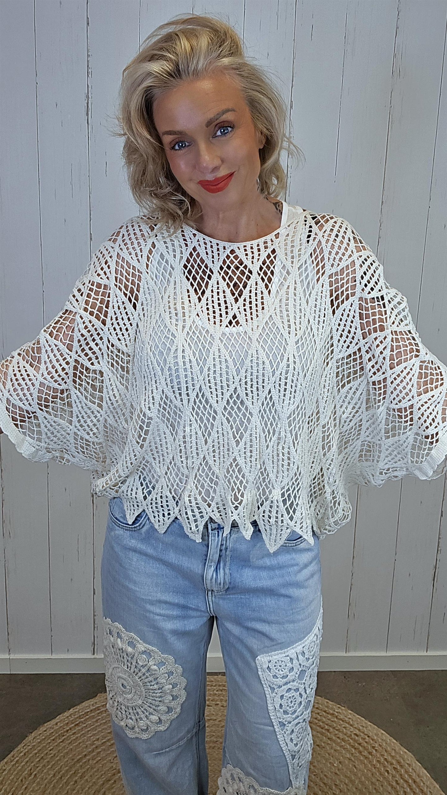 Clara ponchotopp heklet beige
