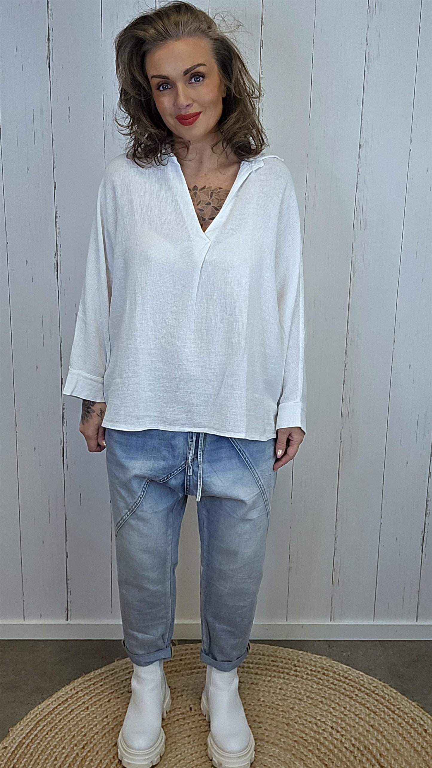 Elise bomull- og lintopp med krage