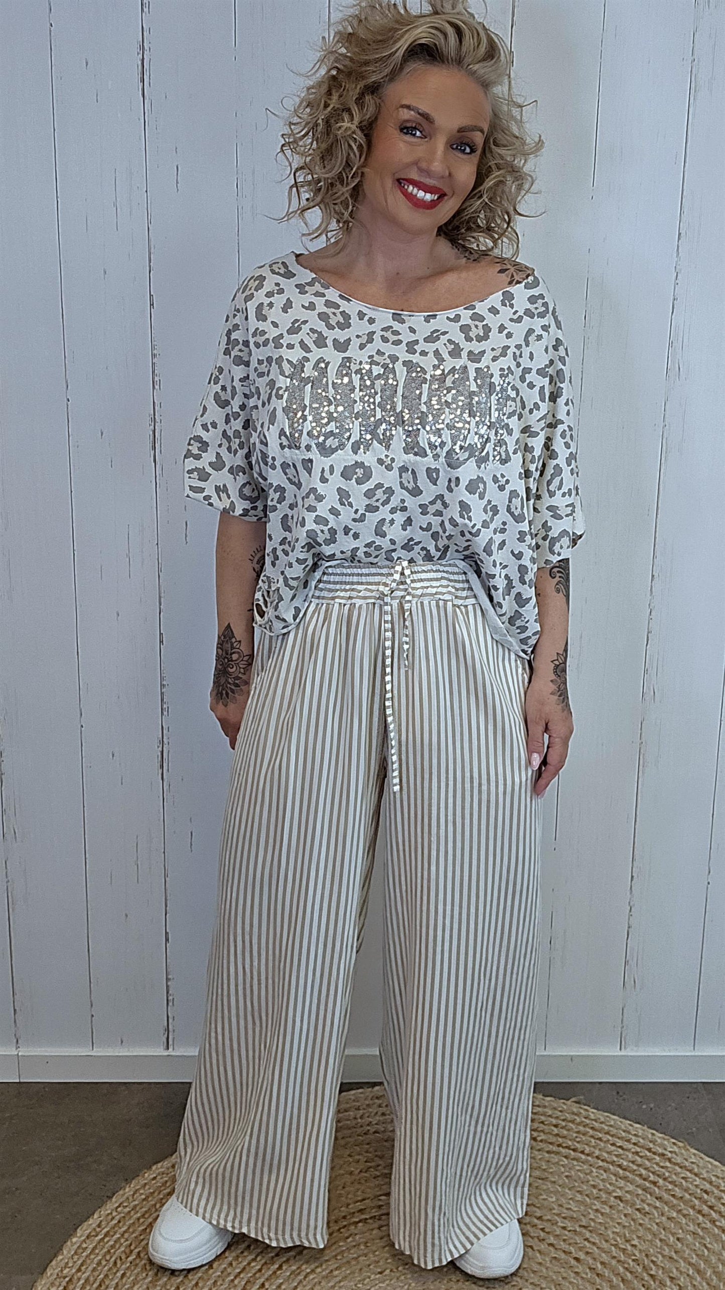 Lydia linbukse beige stripet