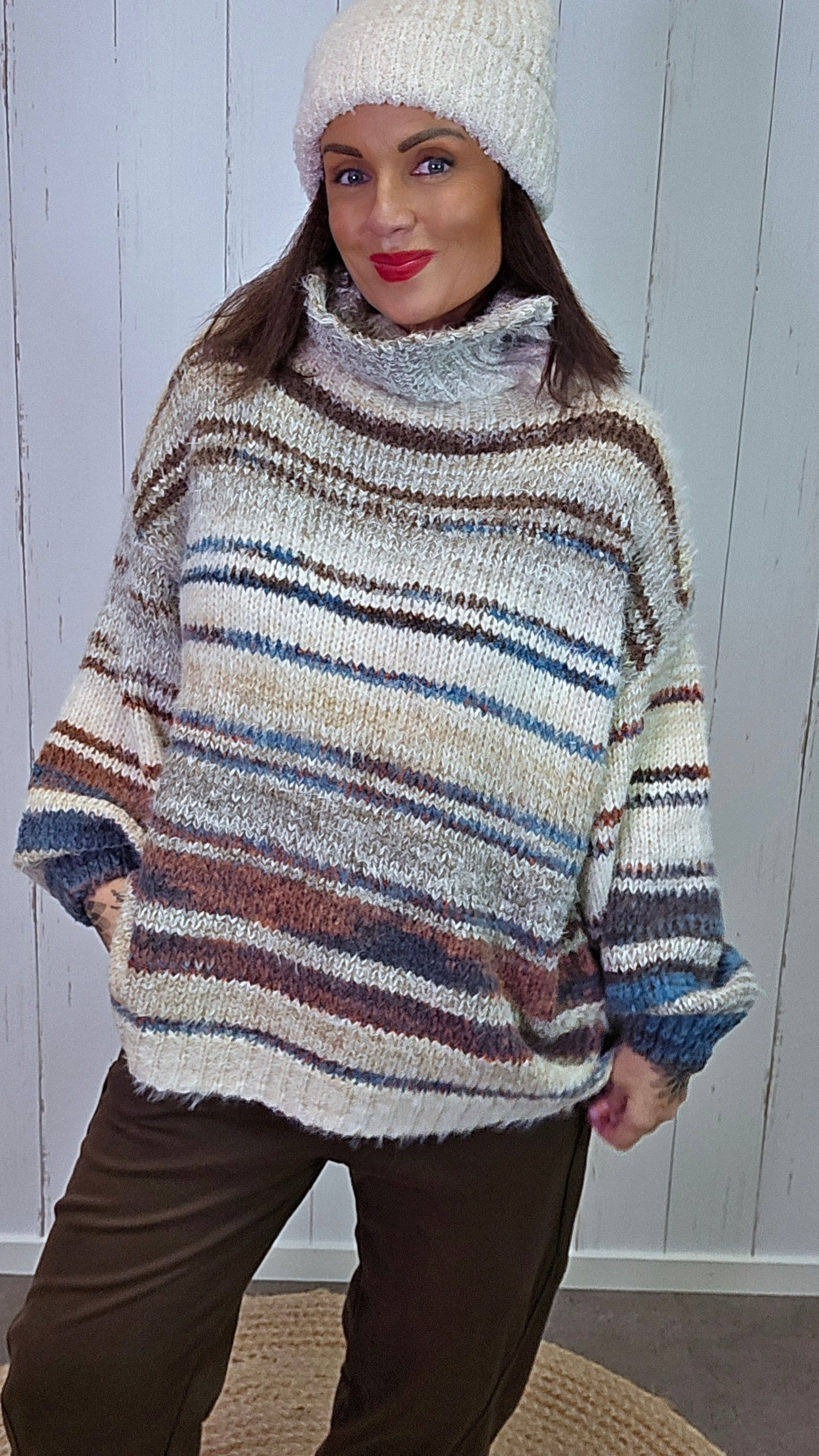 Ingrid stripete høyhalset genser brun/beige