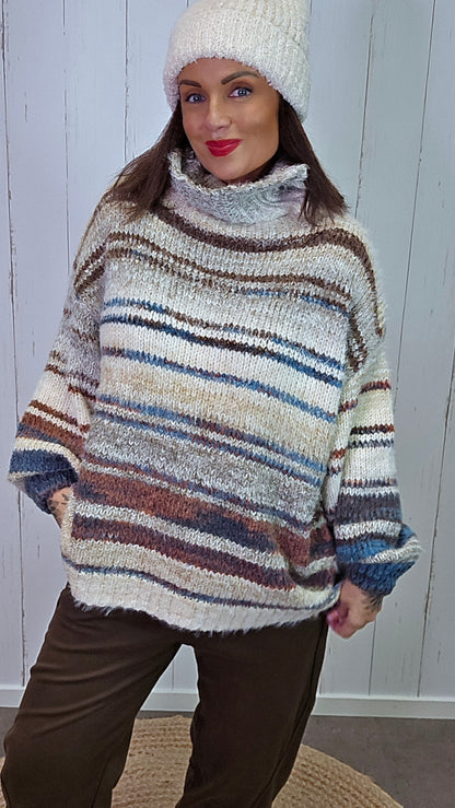 Ingrid stripete høyhalset genser brun/beige