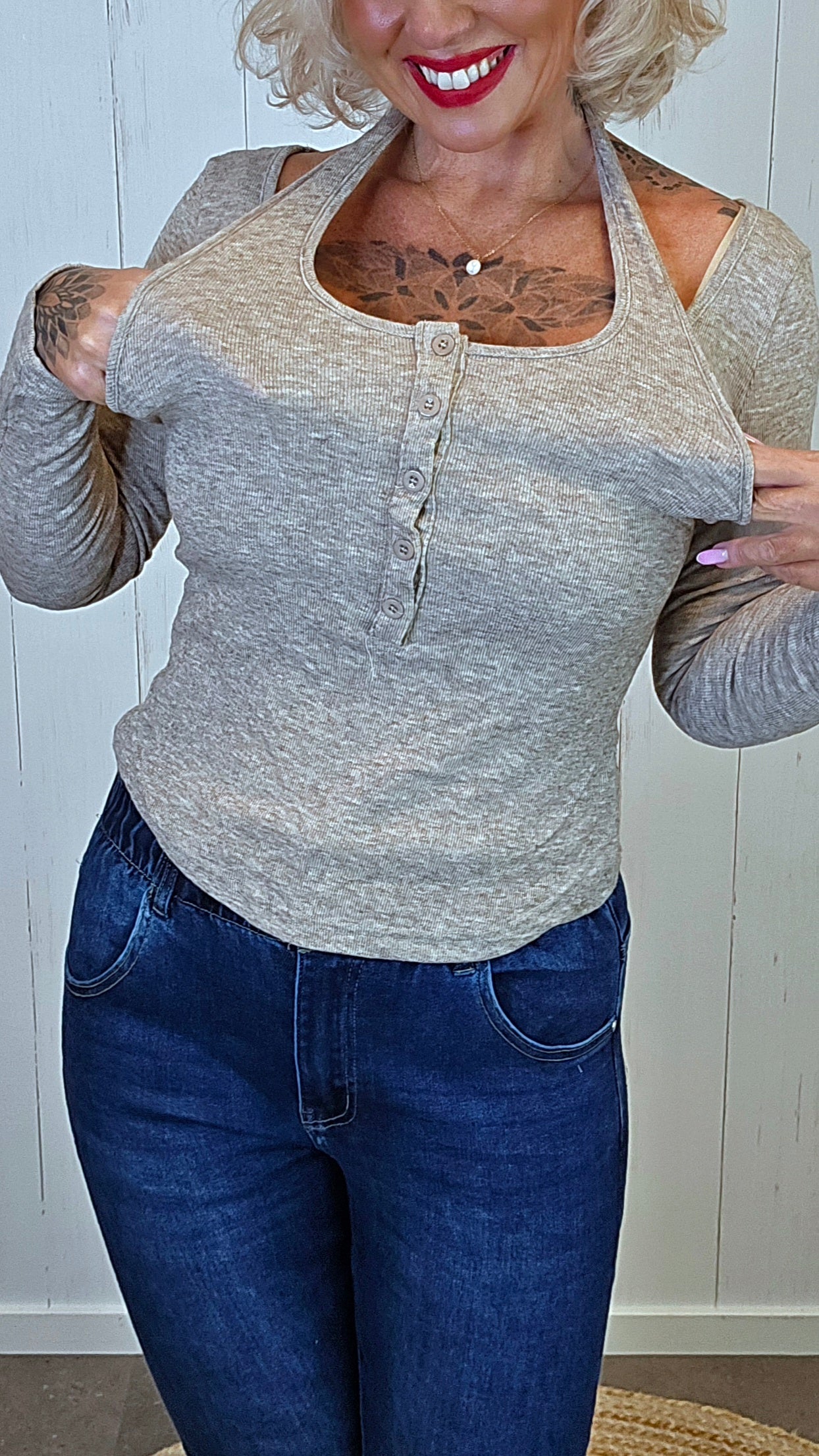 Jade ribbet lag-på-lag topp beige