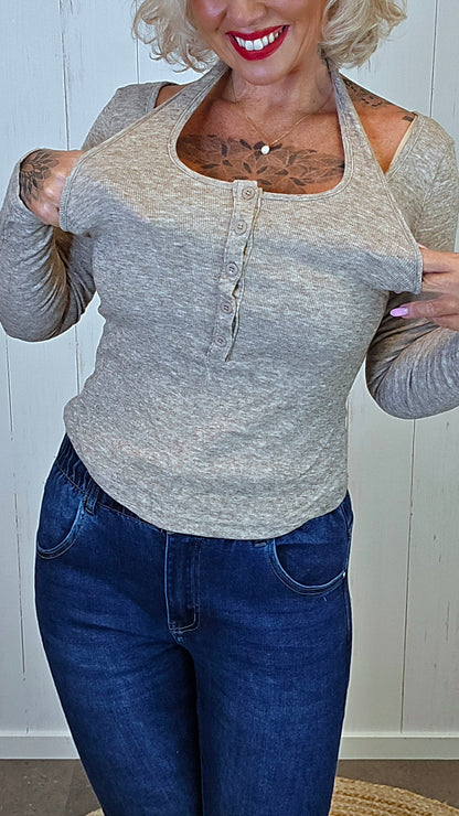 Jade ribbet lag-på-lag topp beige
