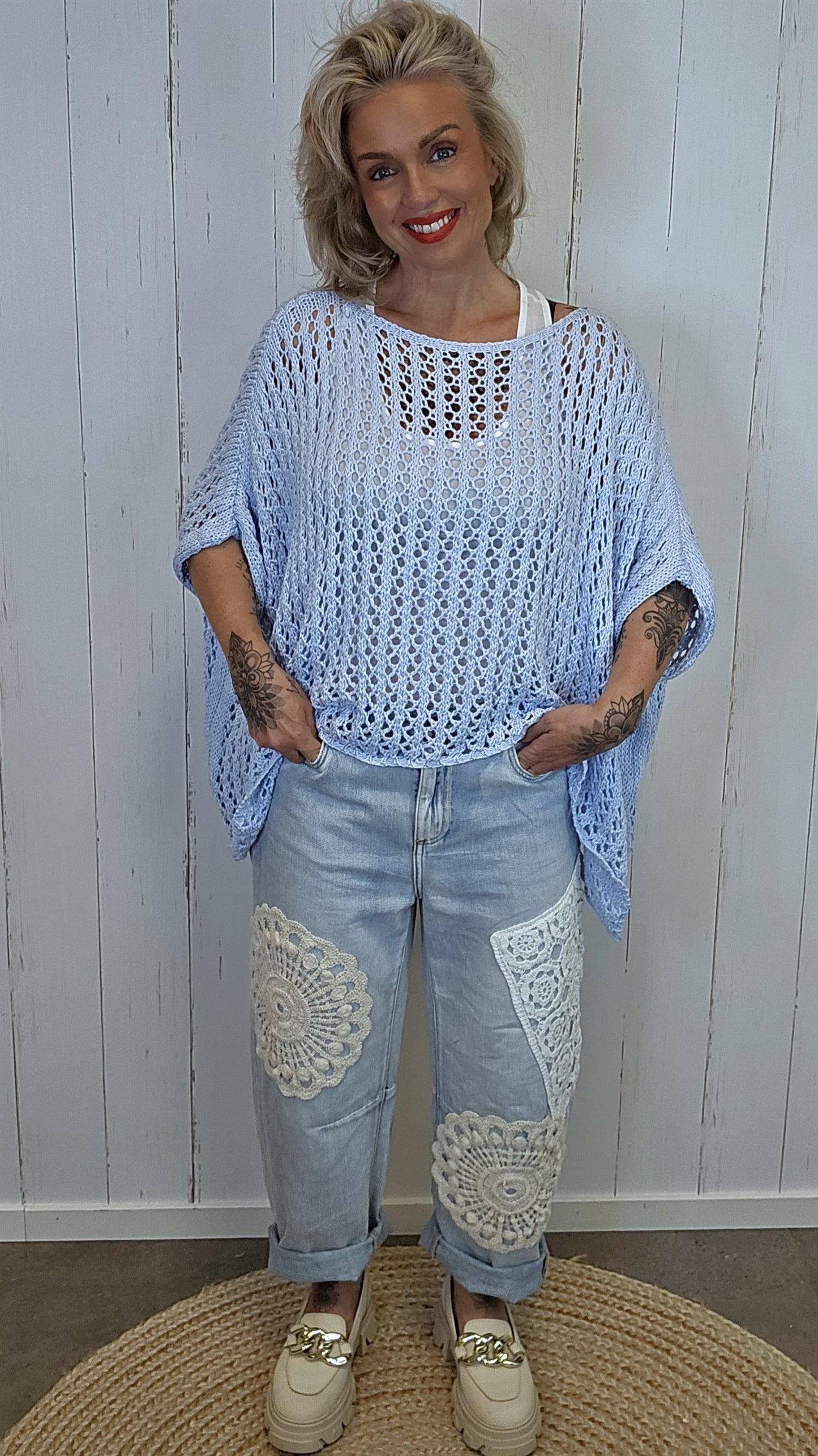 Eline Strikket Poncho Topp blå