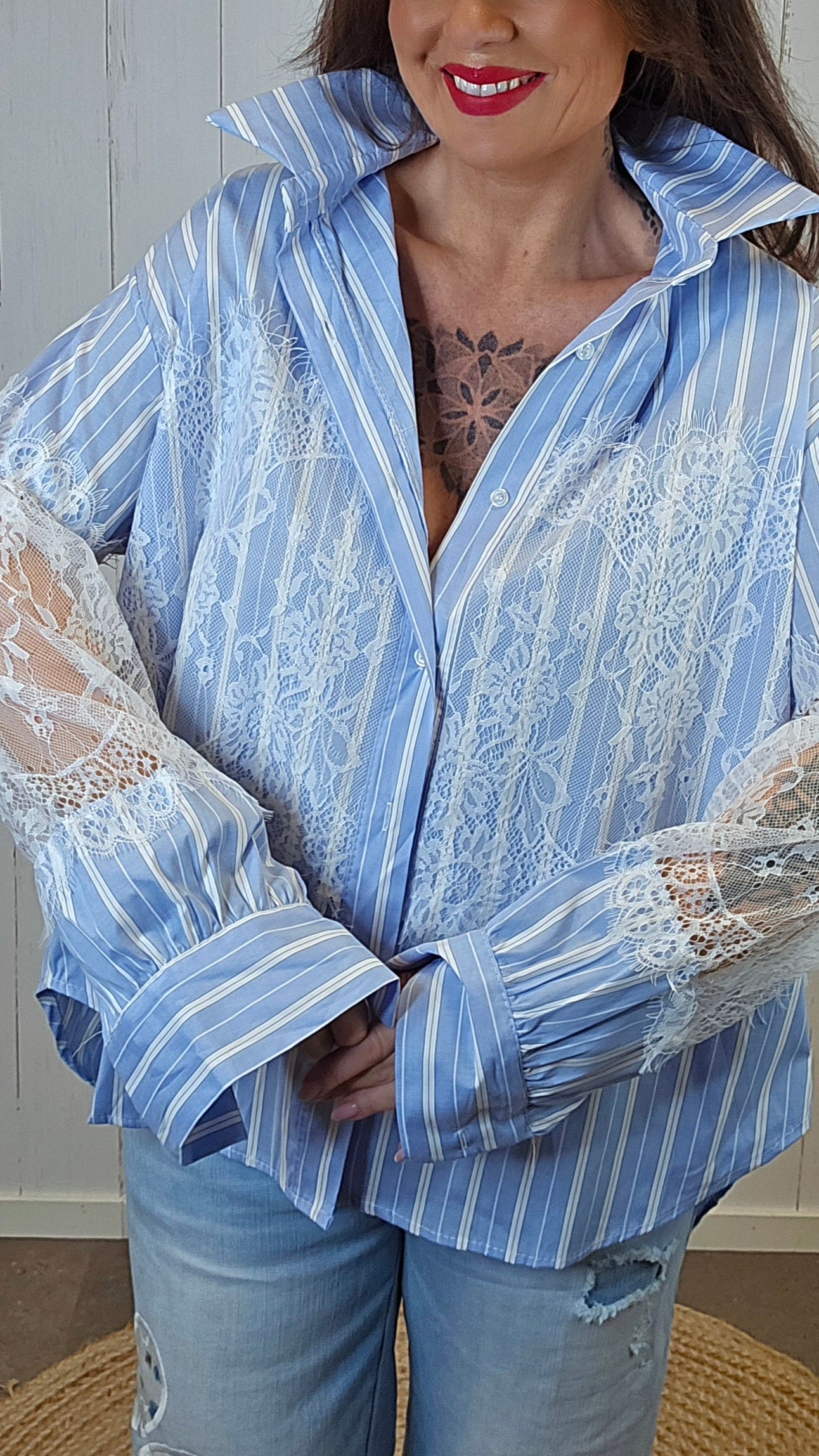 Celine Stripete Skjorte Med Blonder blå