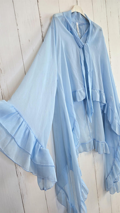 Elegant chiffontopp med volanger blå