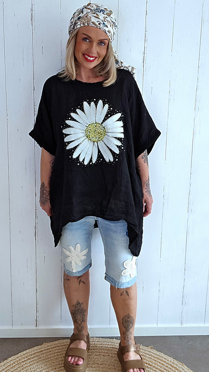 Lin Topp med Blomsterprint svart