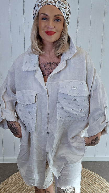 Lisa linskjorte med paljettdetaljer beige