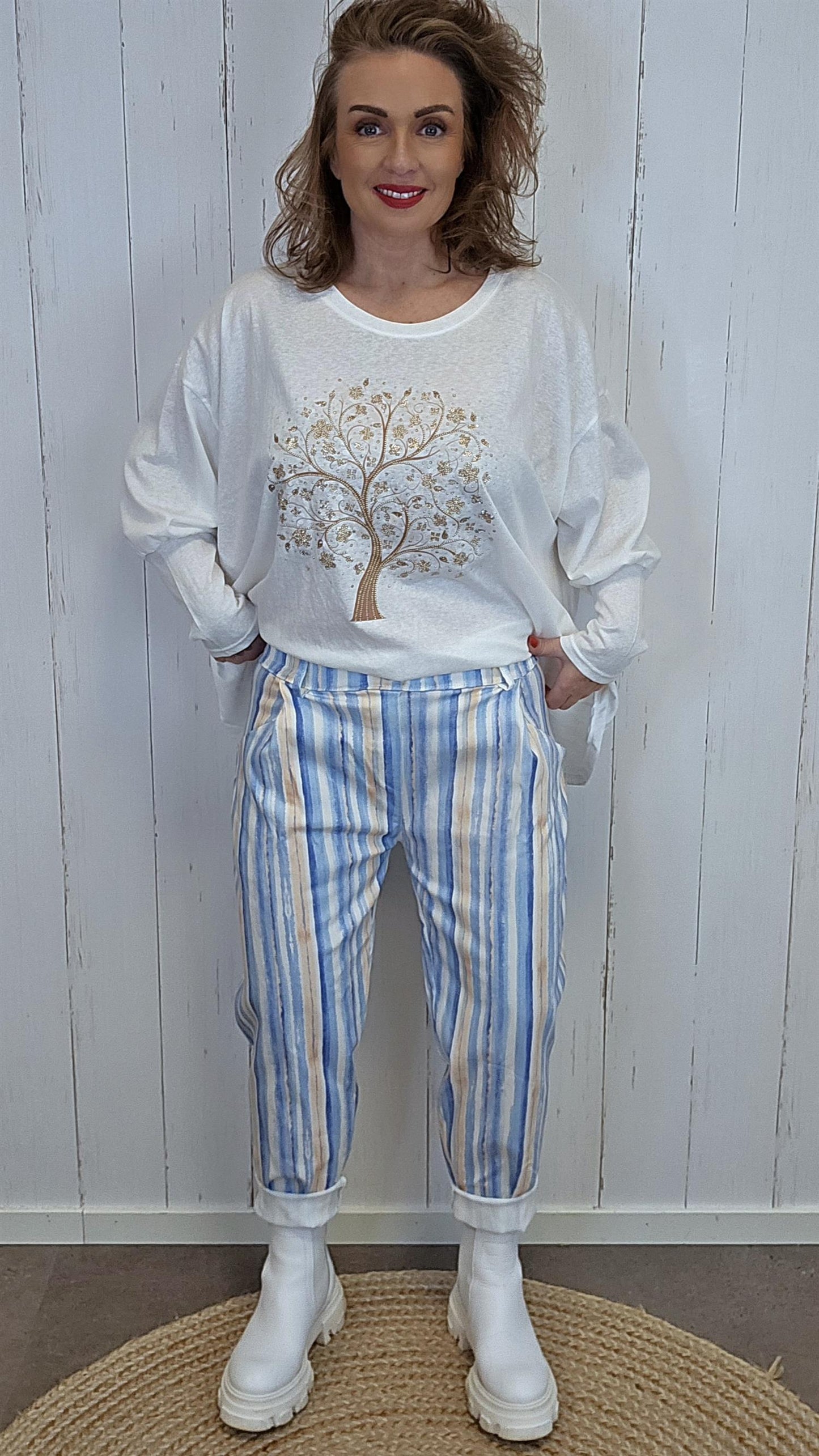 Gunnvor bukse blå/beige stripet